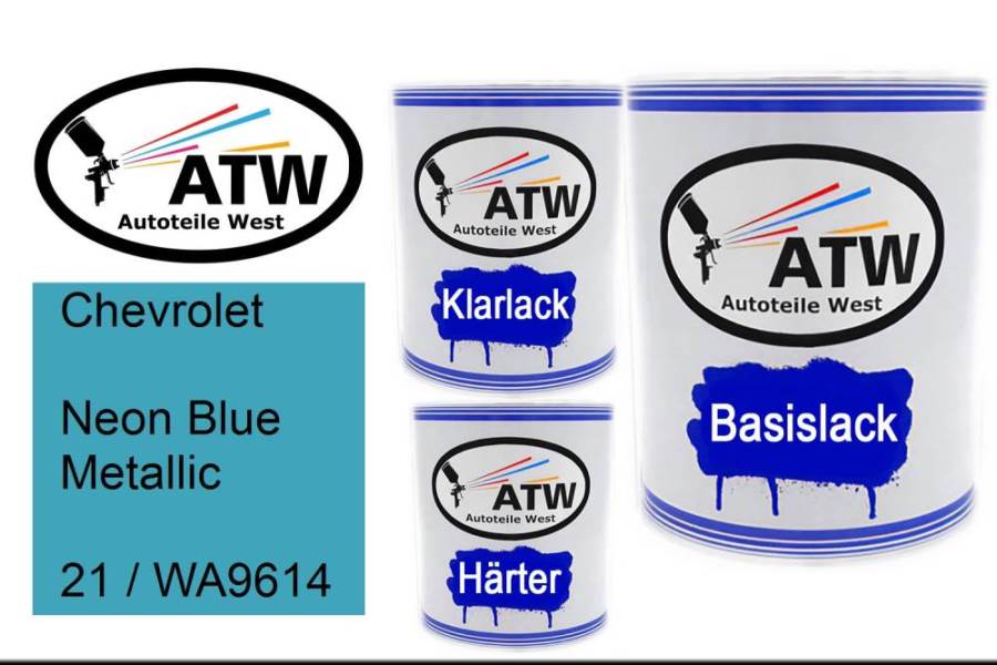 Chevrolet, Neon Blue Metallic, 21 / WA9614: 1L Lackdose + 1L Klarlack + 500ml Härter - Set, von ATW Autoteile West.